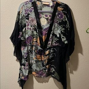 LA Cera Floral Kimono Top with Tie Waist-EUC